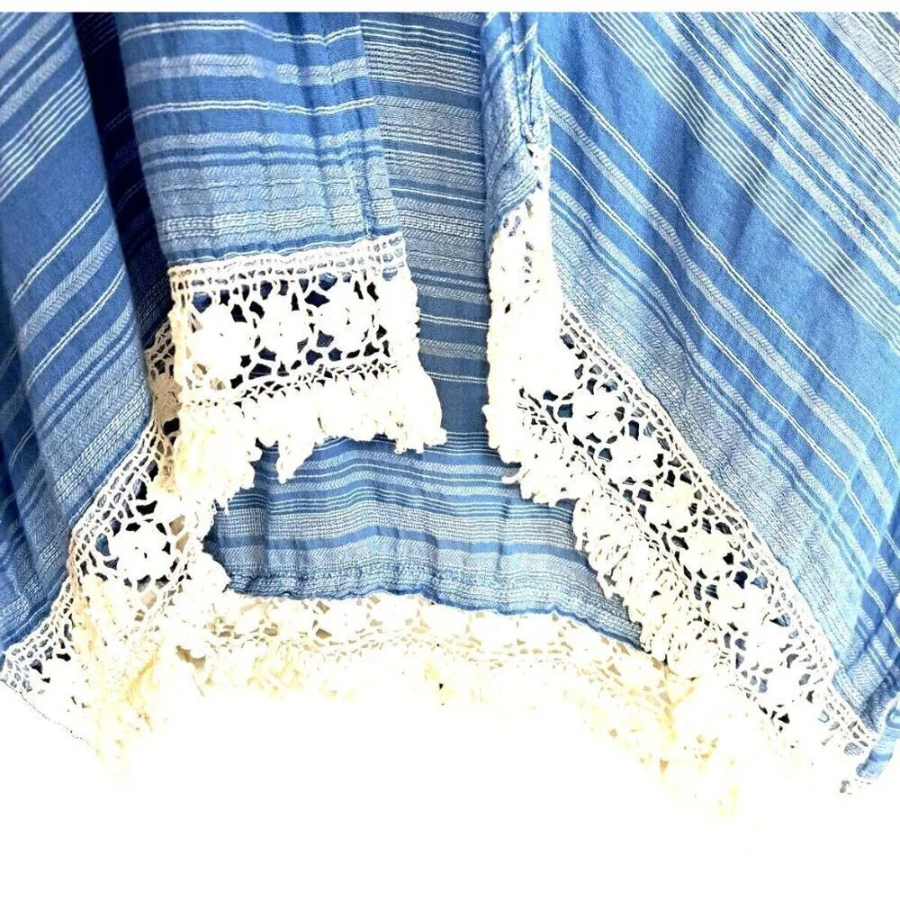 Hollister XS/S Women's Cotton Blue White Stripe Kimono Style Jacket Crochet Lace